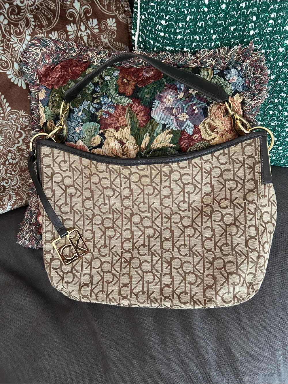 Calvin Klein Monogram Jacquard Hobo Slouchy Bag Gold Hardware Cream/Black
